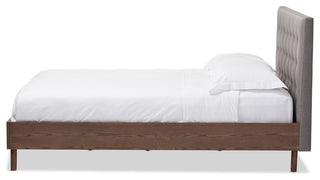 Alinia Mid-Century Gray Fabric Upholstered Walnut Wood Queen Size Platform Bed