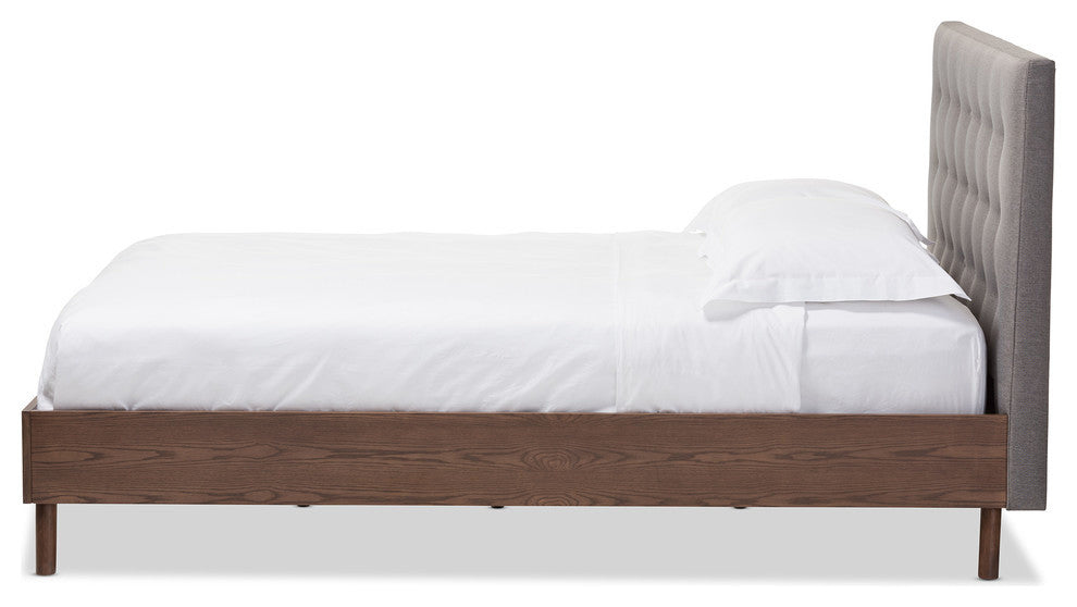 Alinia Mid-Century Gray Fabric Upholstered Walnut Wood Queen Size Platform Bed