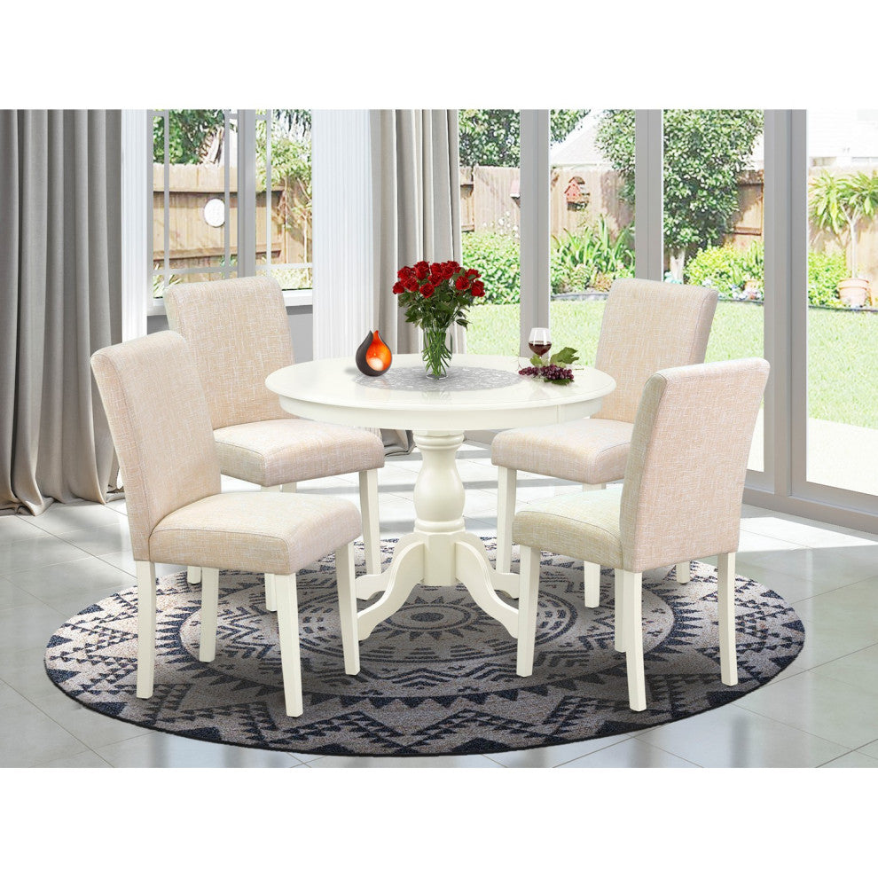 5 Pc Kitchen Set, Linen White Table, 4 Light Beige Chairs, Linen White Finish