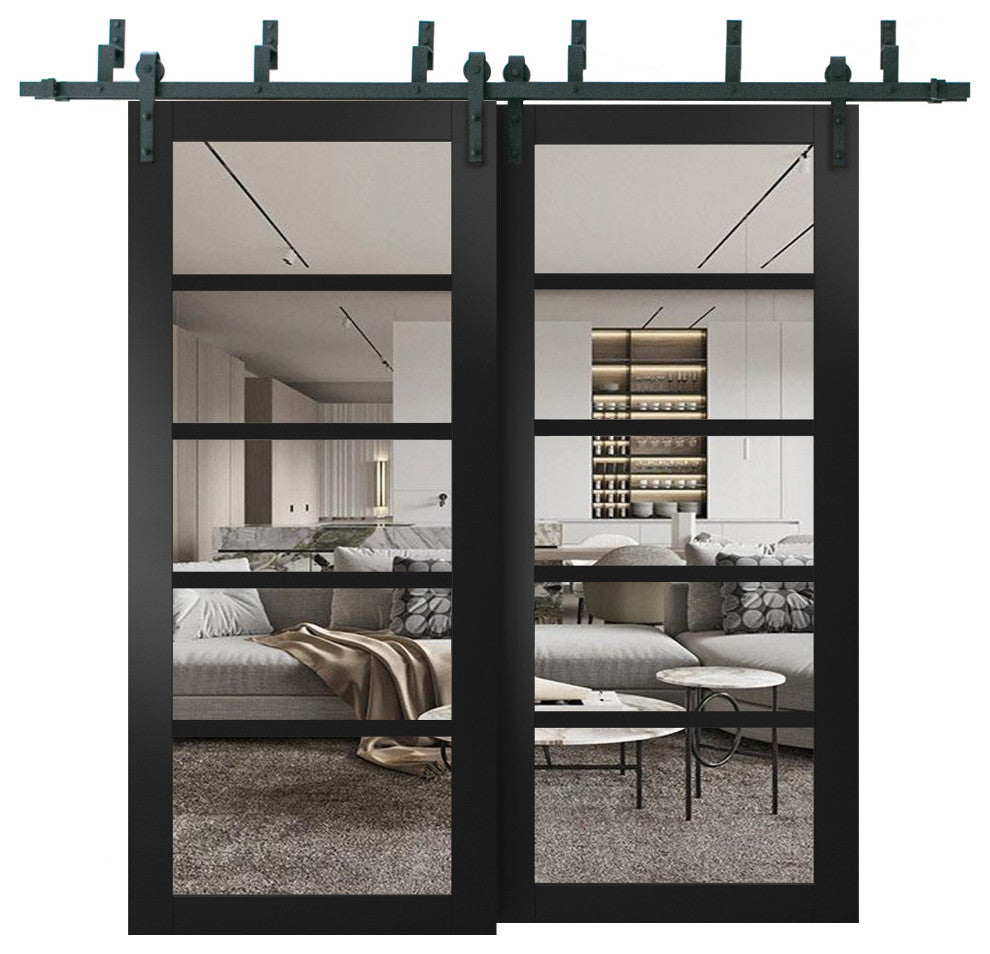 Barn Bypass Doors 84 x 96, Quadro 4522 Matte Black & Clear Glass, 8' Rails