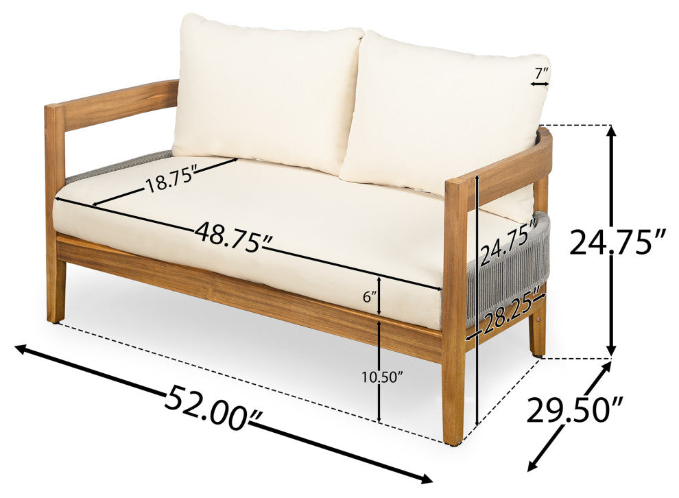 GDF Studio 4-Piece Outdoor Acacia Wood Chat Set With Cushions, Rattan Accents
