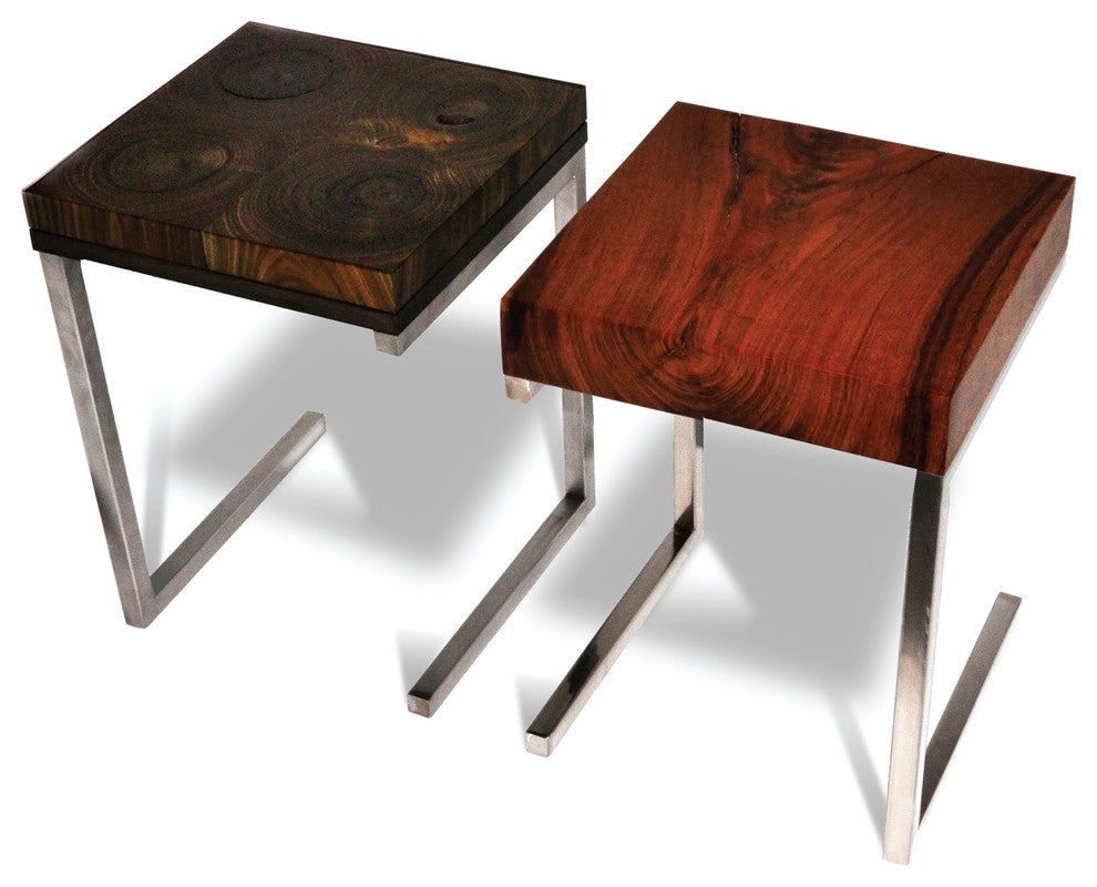 Salvaged Jatoba Wood Side Table, Polished Aluminum
