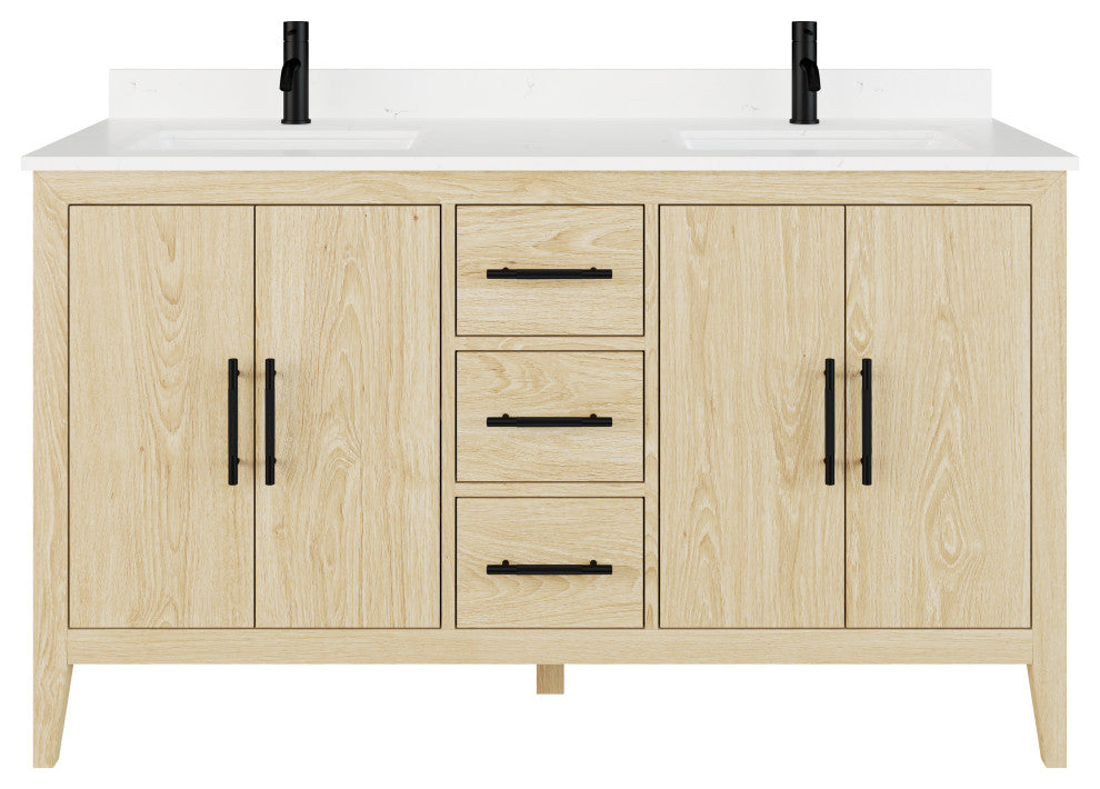 Vienna 60" Double Vanity With With Power Bar and Drawer Organizer, White Oak