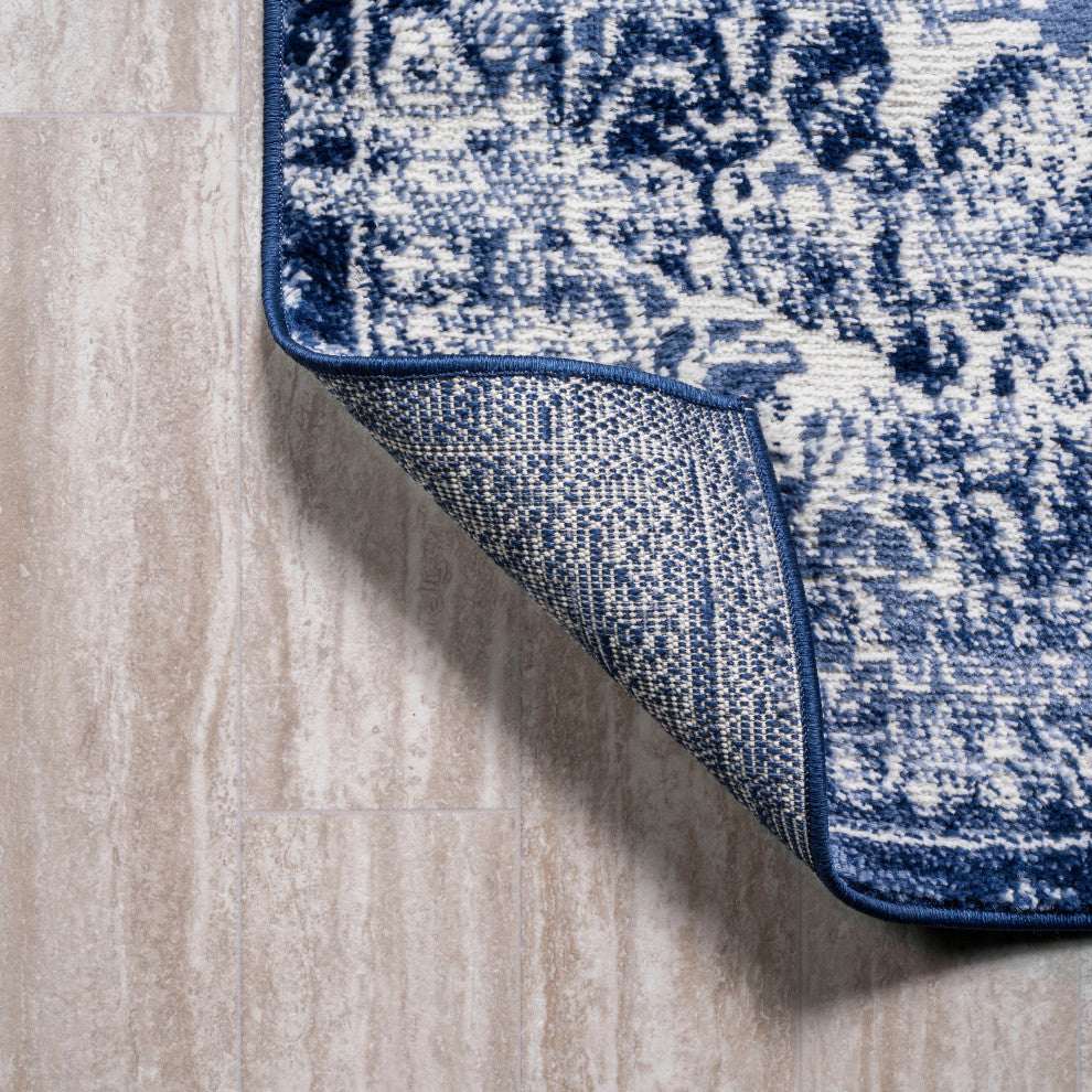 Alhambra Ornate Medallion Modern Runner Rug, Navy/Ivory, 3x5