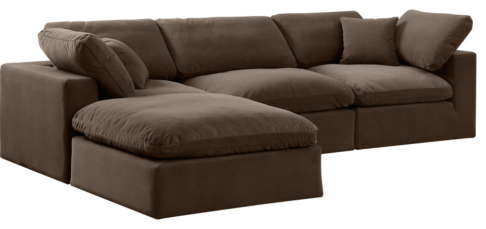 Comfy Upholstered L-Shaped Modular Sectional, Brown, 4-Piece: 1 Armless Chair, 2 Corner Chair, 1 Ottoman, Velvet