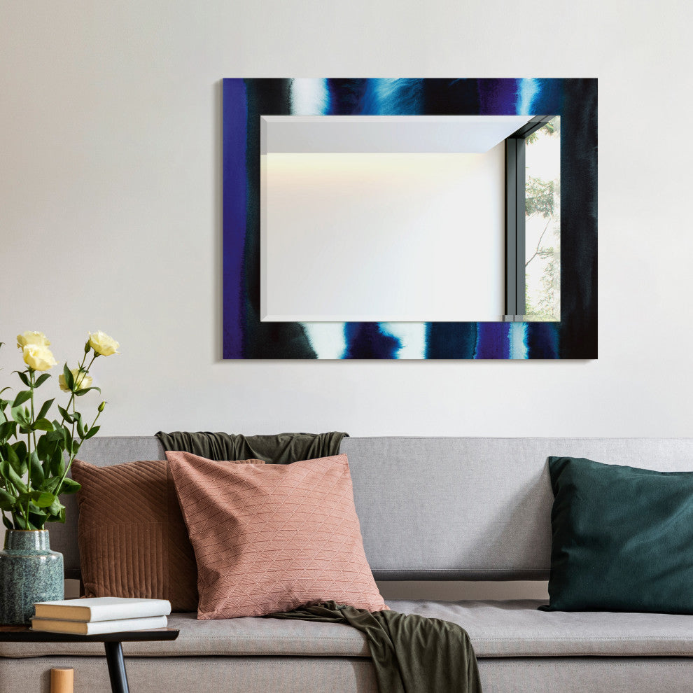 "Run Off" Beveled Mirror on Printed Abstarct Tempered Art Glass, 40x30"