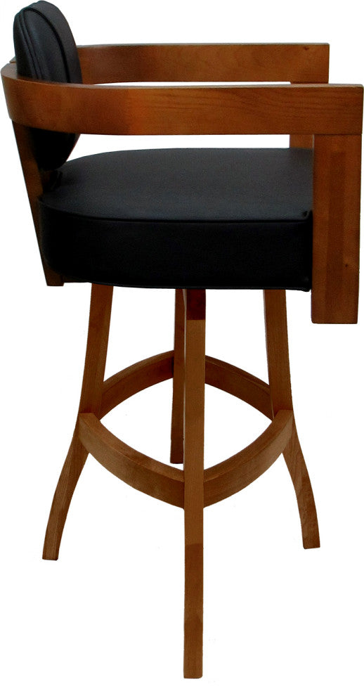 Swivel Wood Bar Stool Kadir Plus on S-Base, Black Vinyl - Honey, 34"