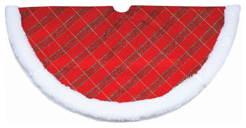 20" Glitter Plaid Christmas Tree Skirt With White Faux Fur Border