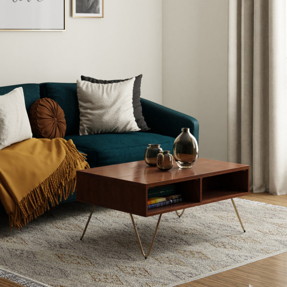 Hunter Lift Top Coffee Table in Oak Veneer, Umber Brown and Gold