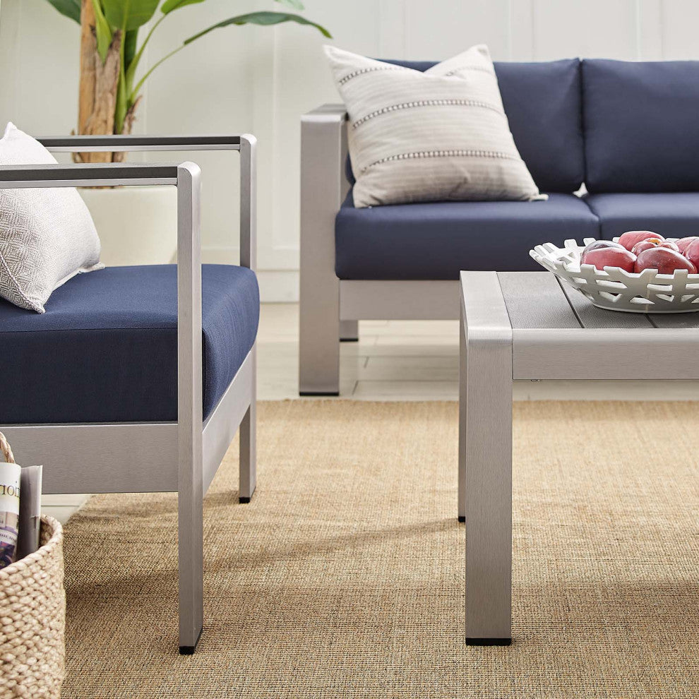 Sectional Sofa Chair Table Set, Sunbrella, Aluminum, Silver Blue Navy, Outdoor