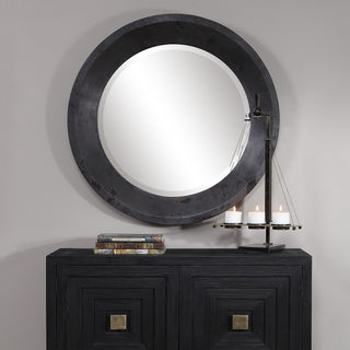 Modern Industrial Round 40" Wall Mirror Nailhead Trim Oxidized Metal Dark