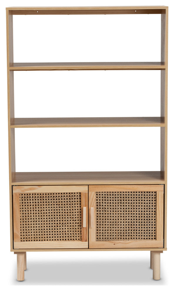 Saskia Mid-Century Modern Natural Brown Finished Wood and Rattan 2-Door Bookcase