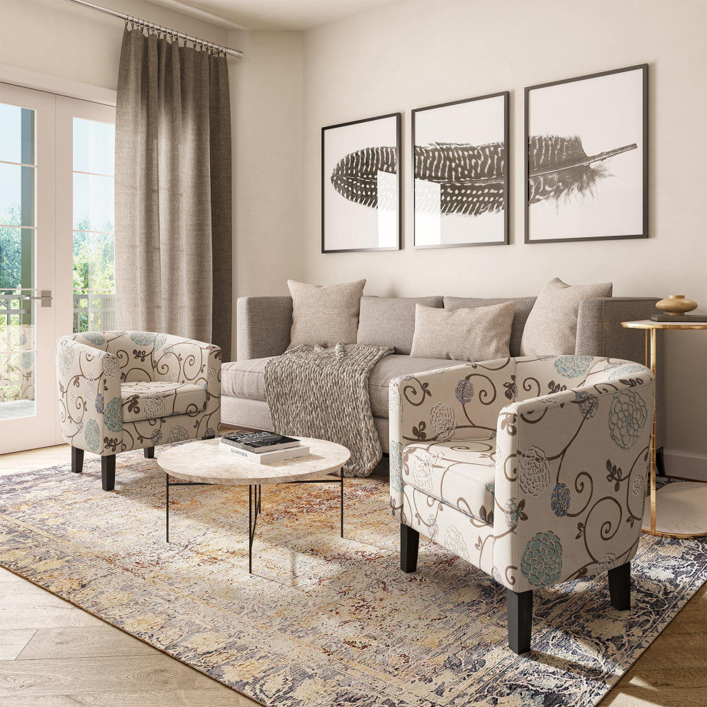 Modern Club Chair Barrel Design, Flower Print