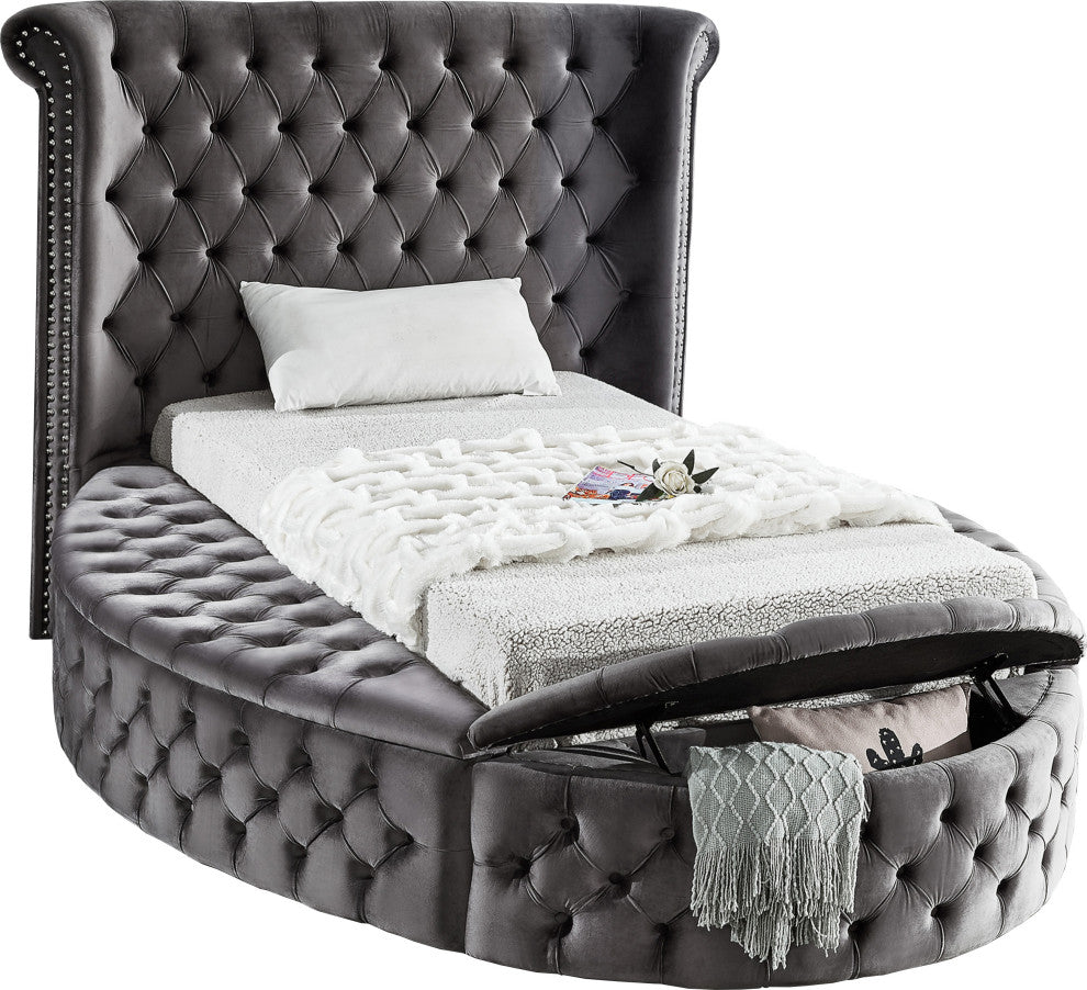 Luxus Button Tufted Velvet Round Bed, Gray, Twin