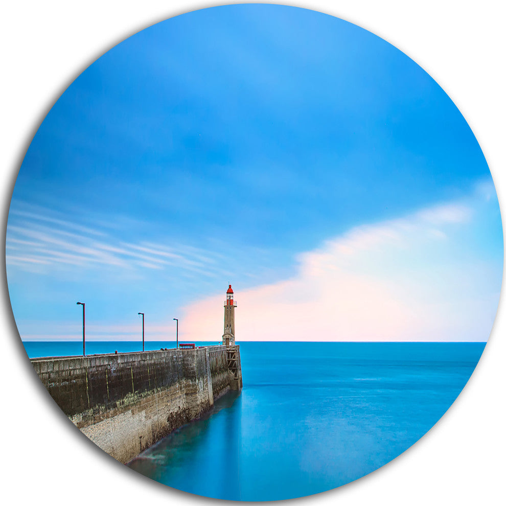 Pier And Lightour In Sunset, Seascape Photo Round Wall Art, 11"