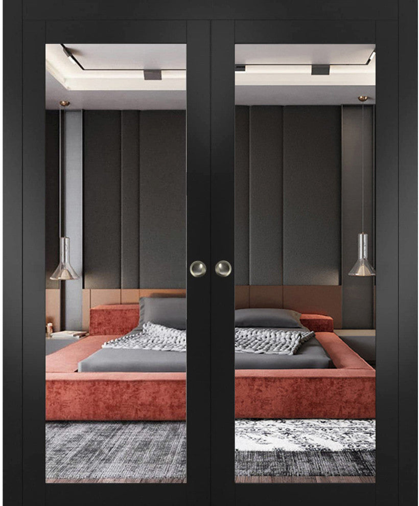 Sliding Interior Double Pocket Doors|Lucia 1299 Matte Black|Mirror 56x80