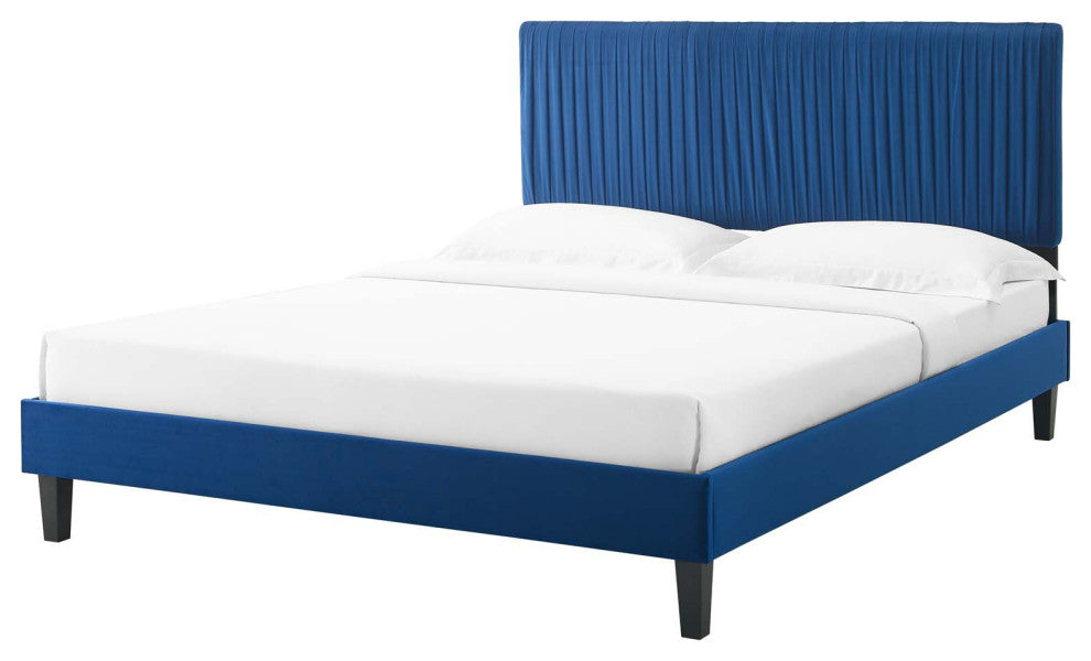 Platform Bed Frame, King Size, Velvet, Blue Navy, Modern Contemporary, Bedroom