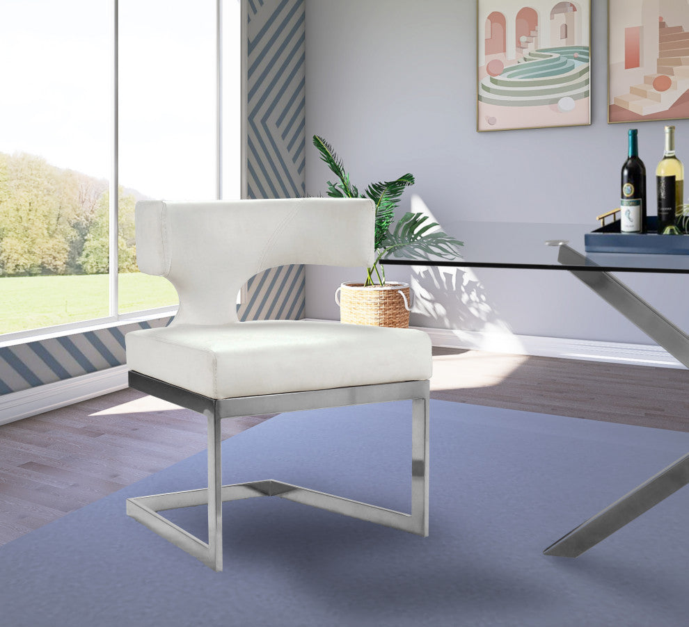 Alexandra Dining Chair, White Faux Leather, Rich Chrome Metal Base