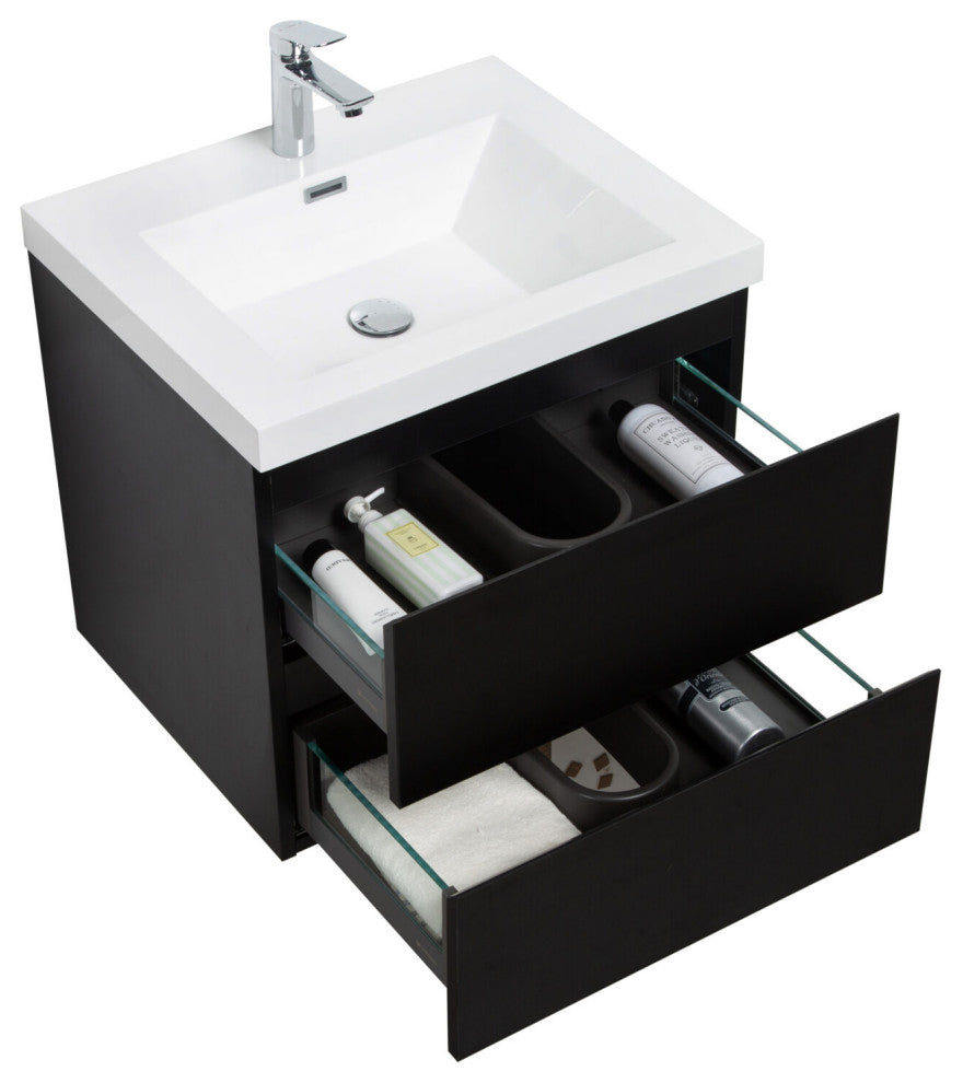 Aurora Wall Mount Vanity, White Acrylic Top, Matte Midnight Black, 24"