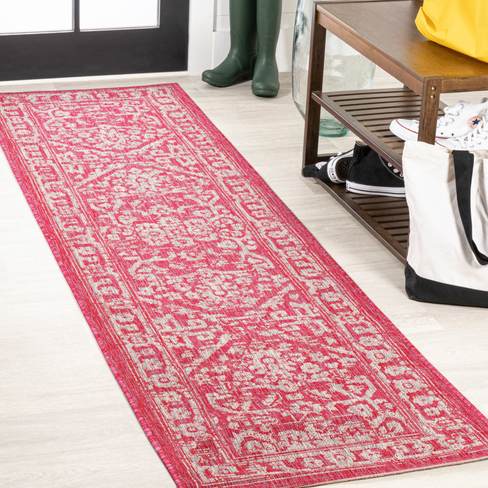 Malta Boho Medallion Textured Weave Indoor/Outdoor, Fuchsia/Light Gray, 2x10