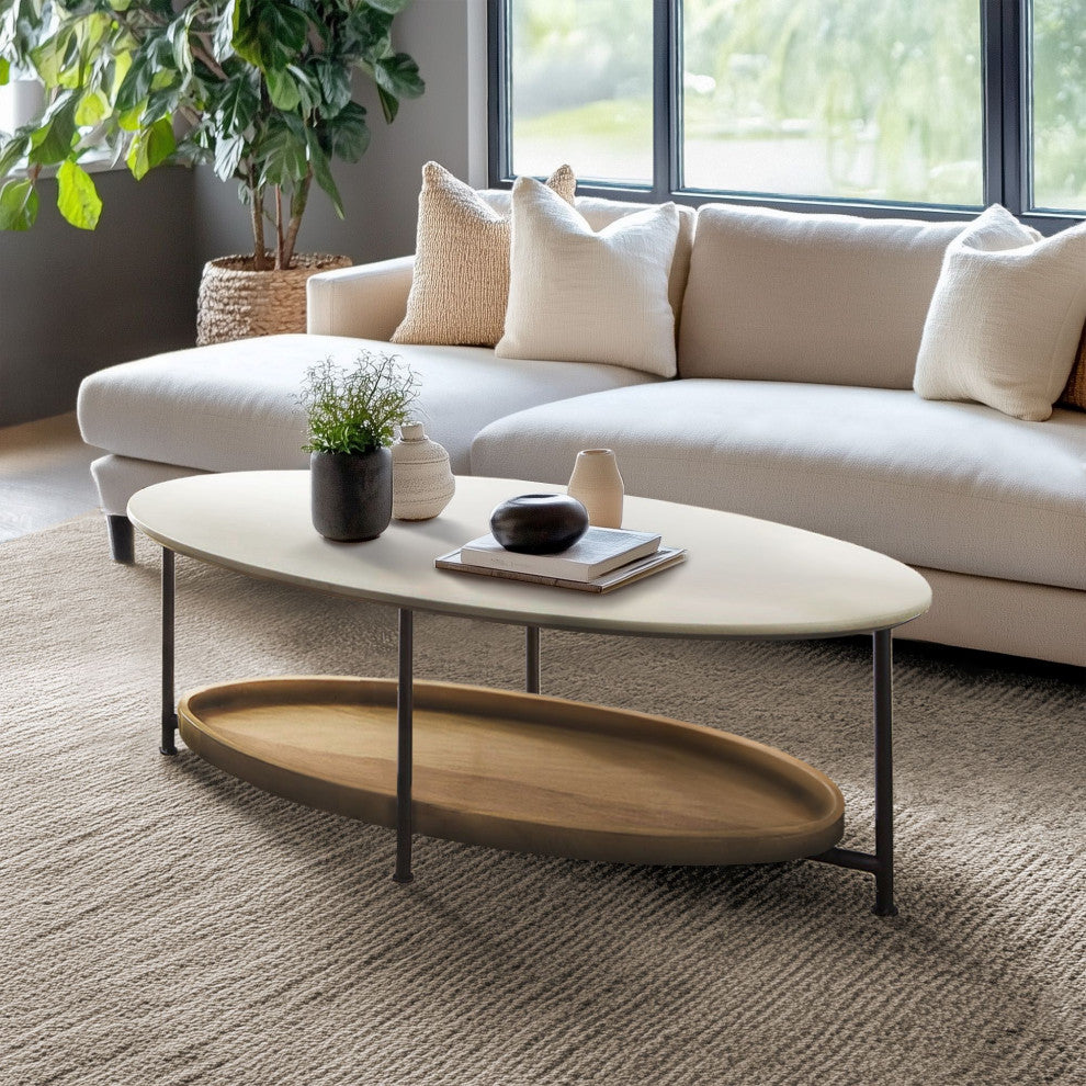 Madison Park Beaumont White Oval Coffee Table With Wood Base Shelf, Coffee Table