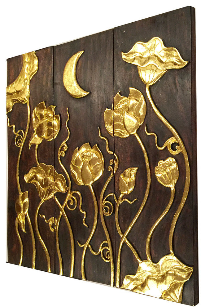 Asian Gold Wood Carved Lotus Flower and Moon Relief Wall Art Panels. 36"