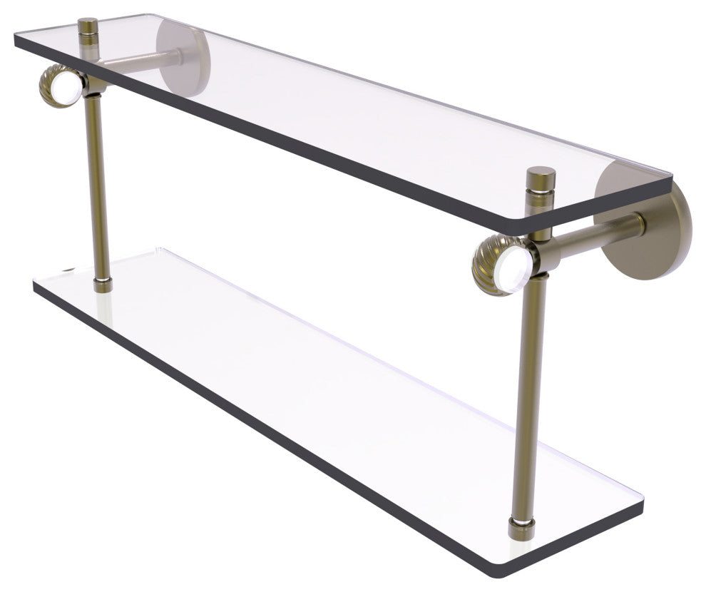 Clearview 22" Two Tiered Glass Shelf with Twisted Accents, Antique Brass