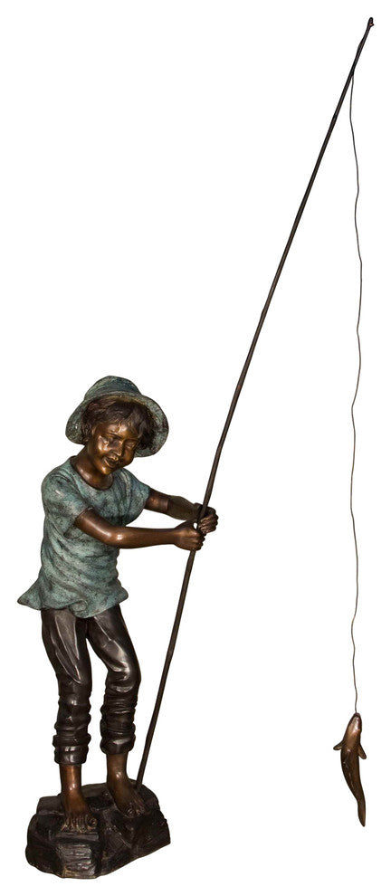 Boy With a Fishing Rod Catching a Fish Bronze Sculpture