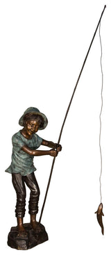 Boy With a Fishing Rod Catching a Fish Bronze Sculpture
