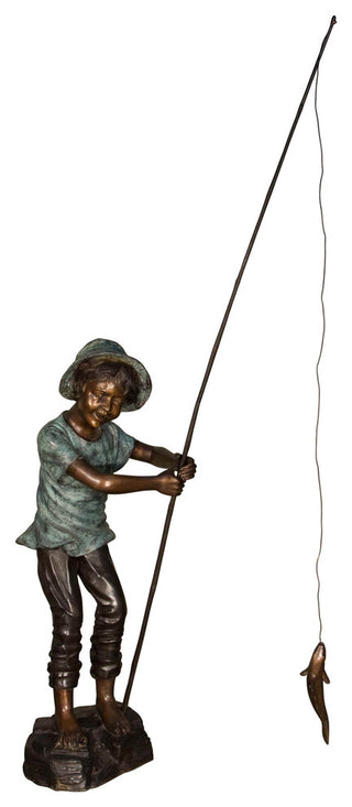 Boy With a Fishing Rod Catching a Fish Bronze Sculpture