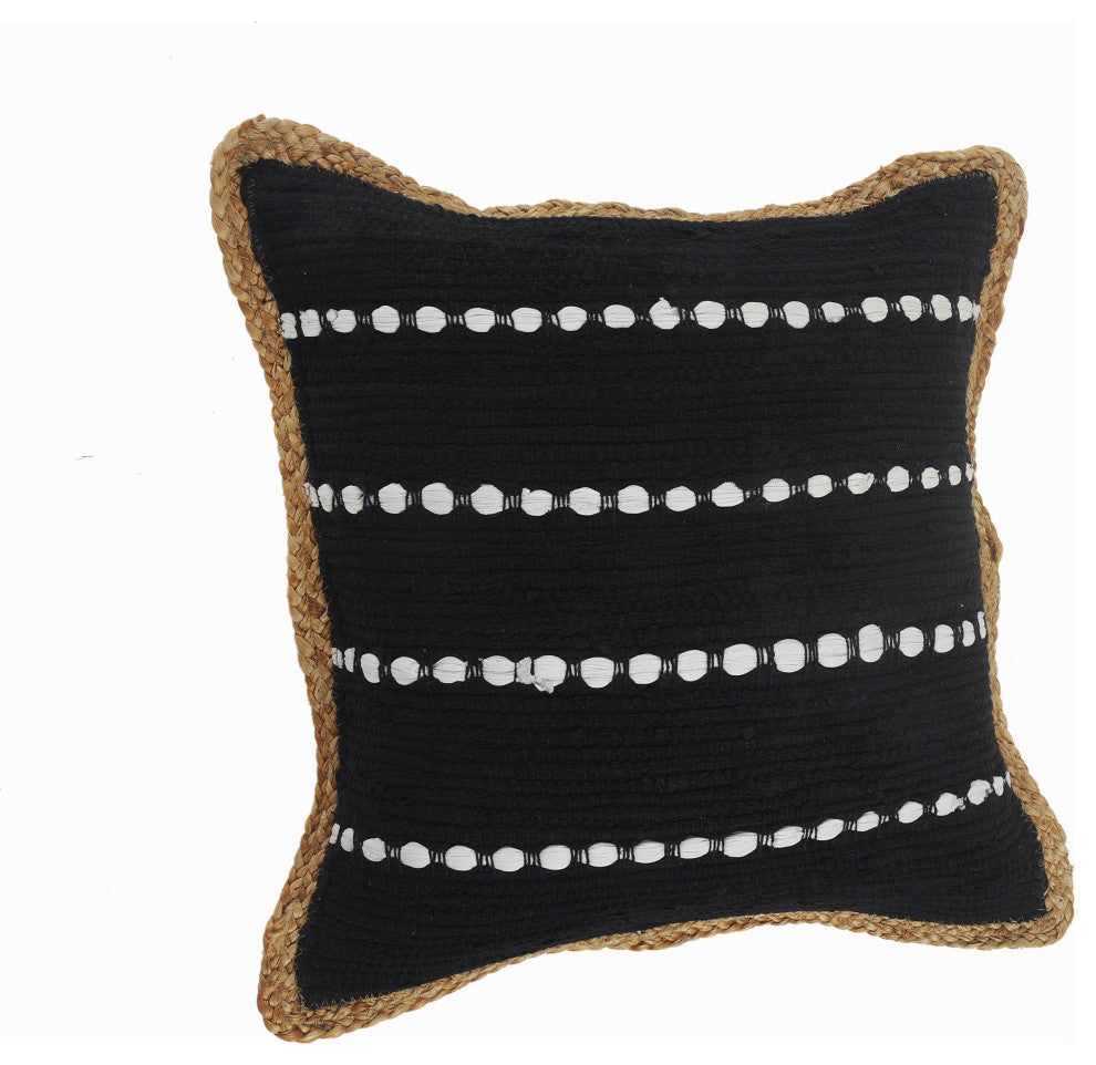Black and White Striped Jute Bordered Throw Pillow