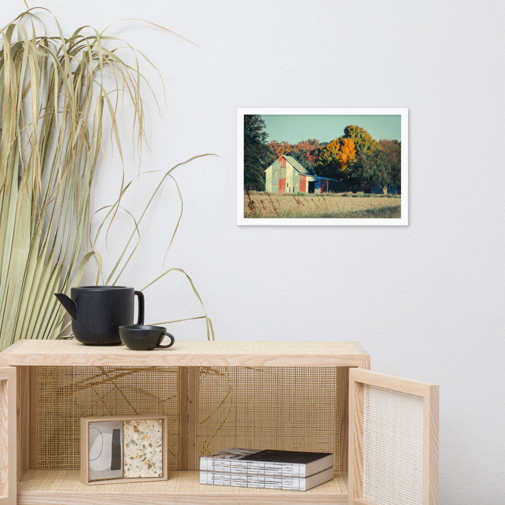 Patriotic Weathered Barn in Field Cross Processed Framed Photo Wall Art Prints, White, 12" X 18"