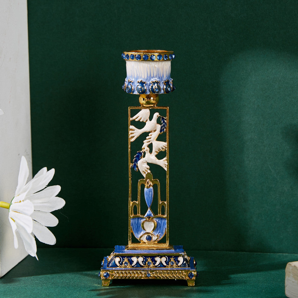 Matashi Shabbat Candlestick Holder (2-Piece Set) Hand-Painted Pewter(Blue)