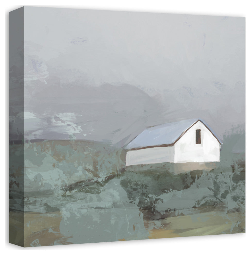 White Barn in Fog 16x16 Canvas Wall Art