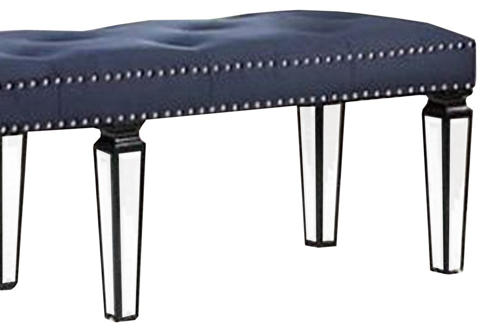 Benzara BM269606 Bench With Button Tufting and Mirror Tapered Legs, Blue