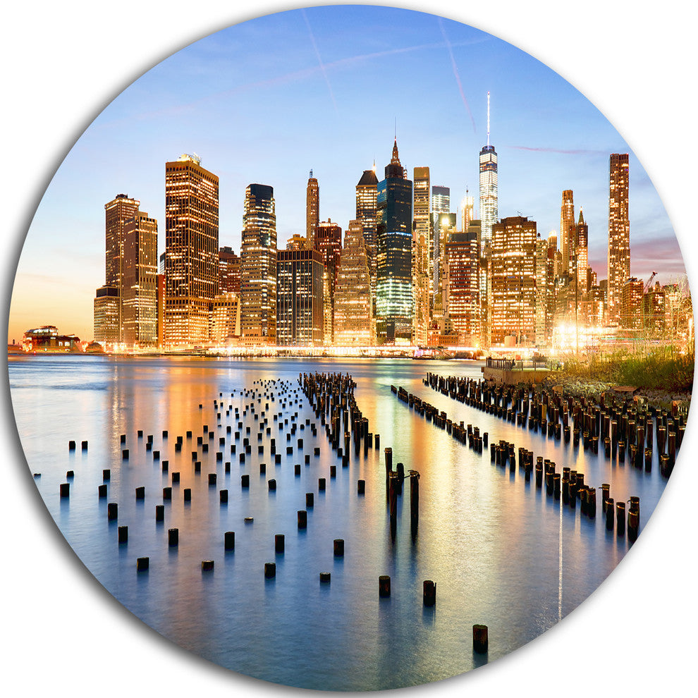 Illuminated New York Skyscrapers, Cityscape Round Wall Art, 11"