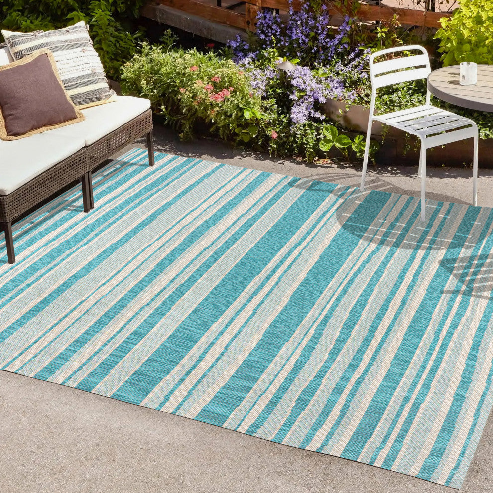 Castara Wavy Stripe Modern Indoor/Outdoor Area Rug, Aqua/Cream, 4x6