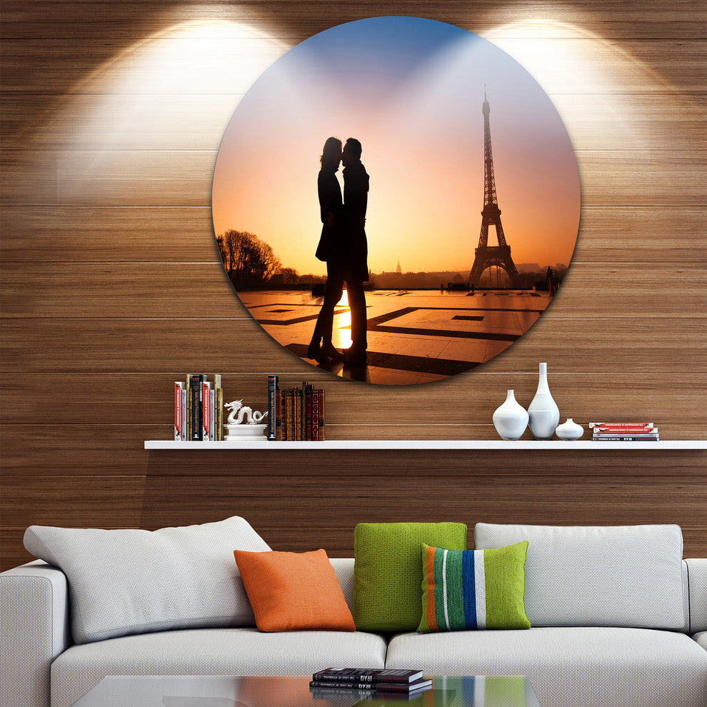 Eiffel With Kissing Couple, Landscape Photo Disc Metal Wall Art, 36"