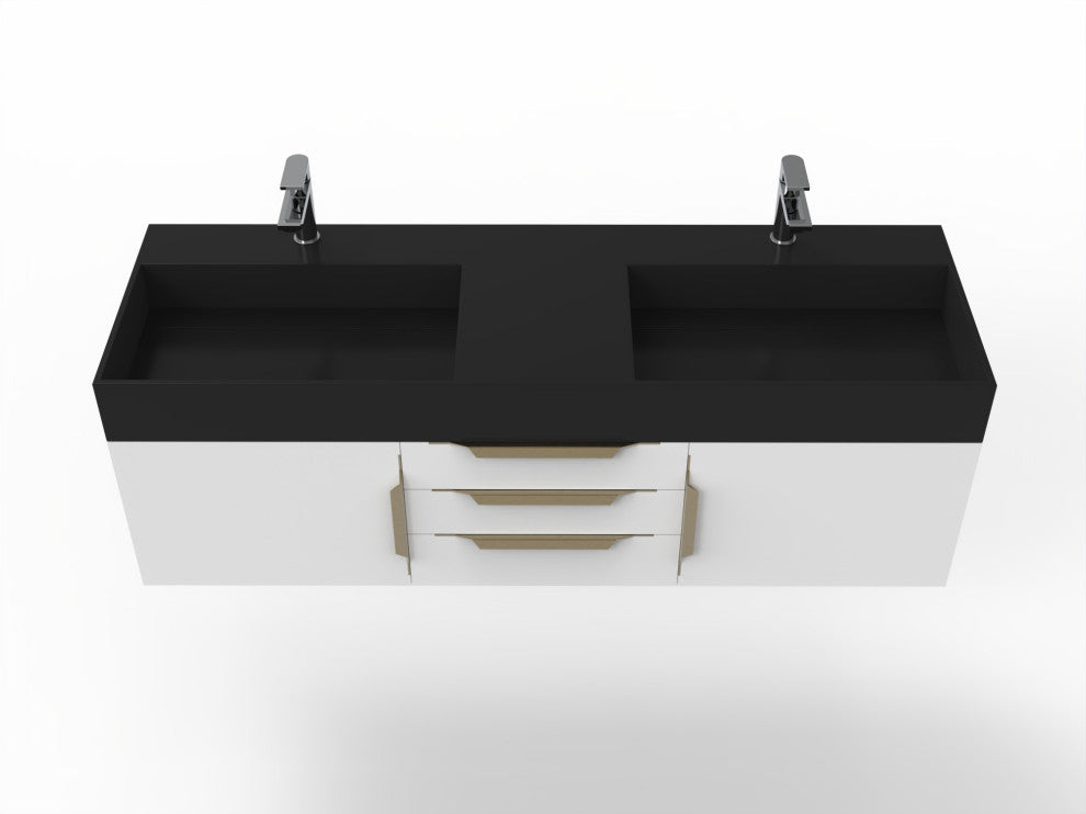 CastelloUSA Amazon 60" Wall Mounted Bathroom Vanity Set, White, Black Top, Gold Handles