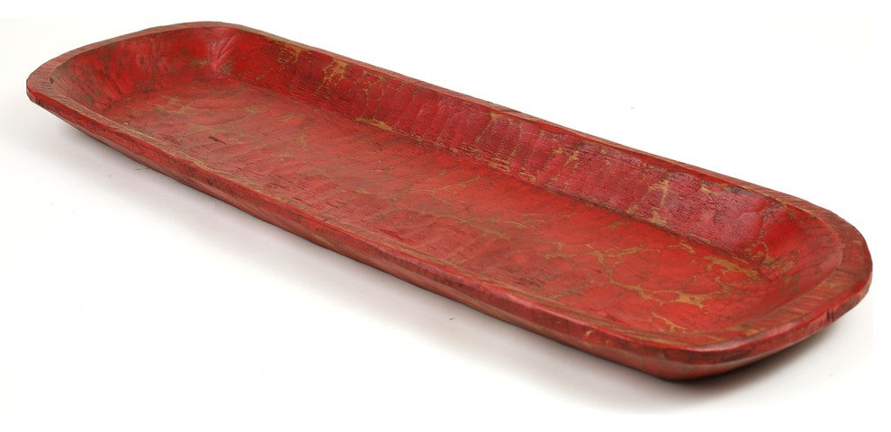 Extra Long Rustic Farmhouse Primitive Wooden Dough Bowl, Red, Long