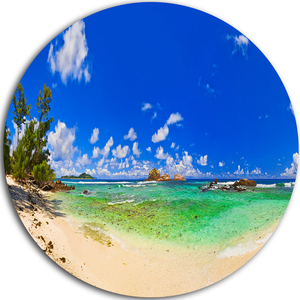 Tropical Beach With Green Sea, Landscape Photo Round Metal Artwork, 11"
