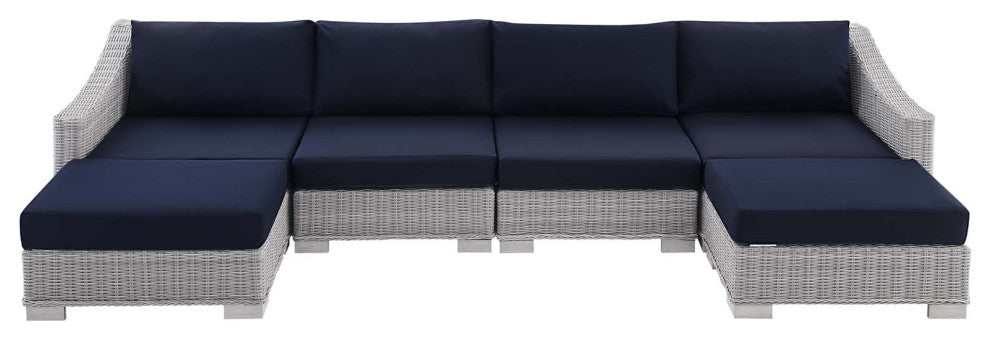 Lounge Sectional Sofa Set, Rattan, Wicker, Gray Blue Navy, Modern, Outdoor