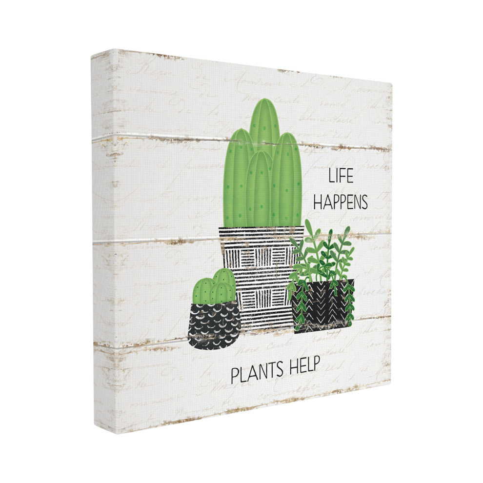 Life Happens Cacti Succulents Wood Textured Design, 24"x24", Canvas Art