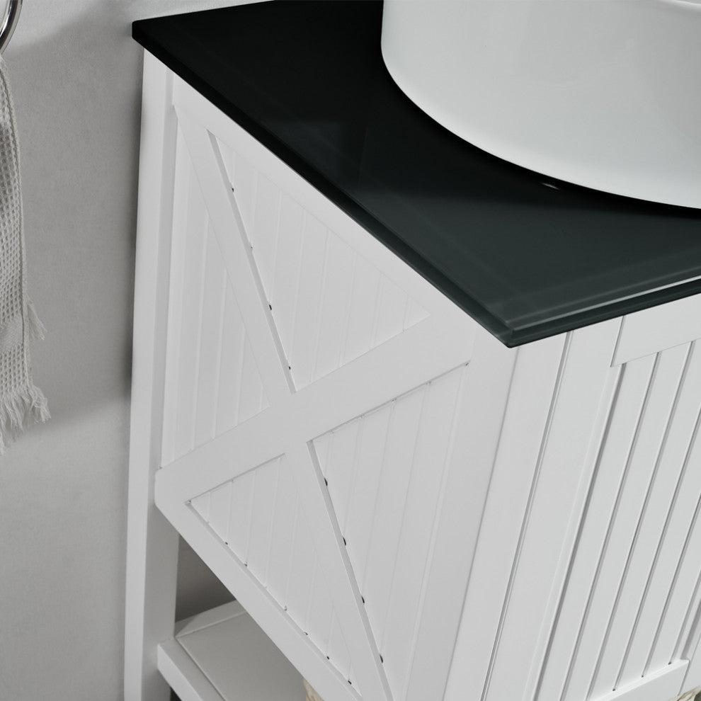 28"? Vanity in White with Glass Countertop with White Vessel Sink Without Mirror