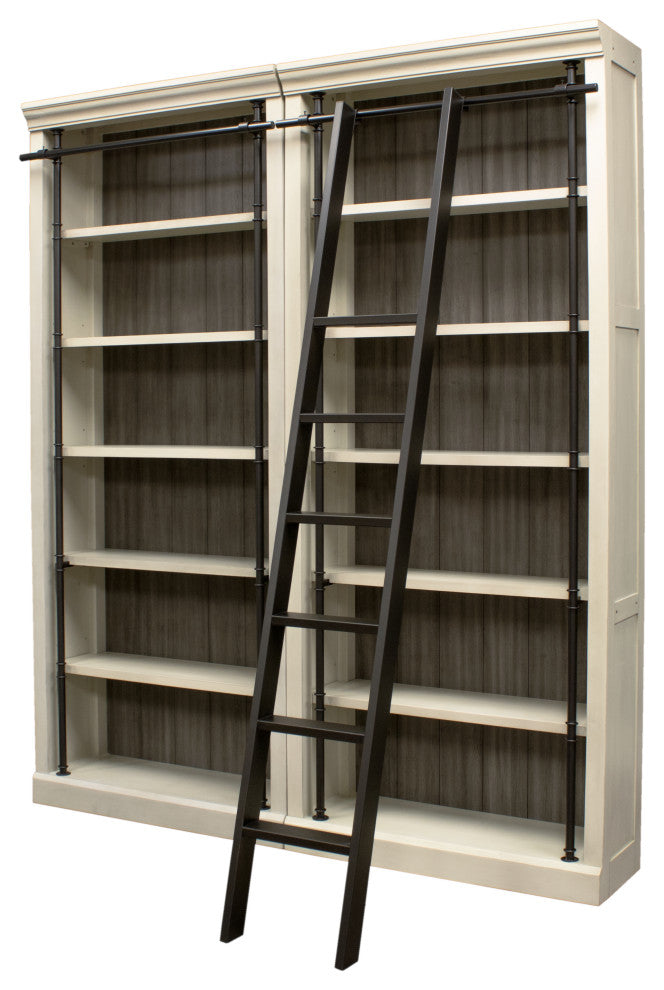 Fully Assembled 8' Tall Bookcase Wall With Ladder, Aged Chateau White