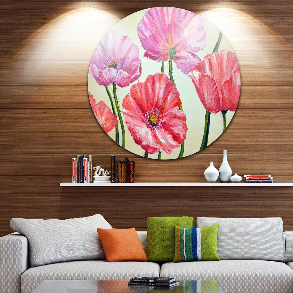 Red And Pink Poppies, Floral Disc Metal Wall Art, 11"