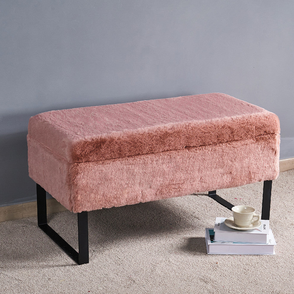 Heavy Faux Fur Storage Rose Smoke Ottoman 18" x 36" x 10"