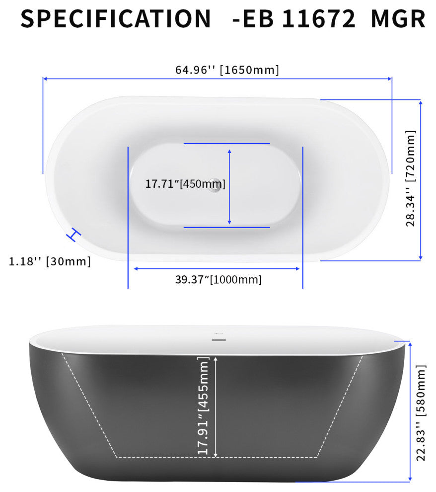 65" Acrylic Roll-Top Flatbottom Non-Whirlpool Bathtub, Gray