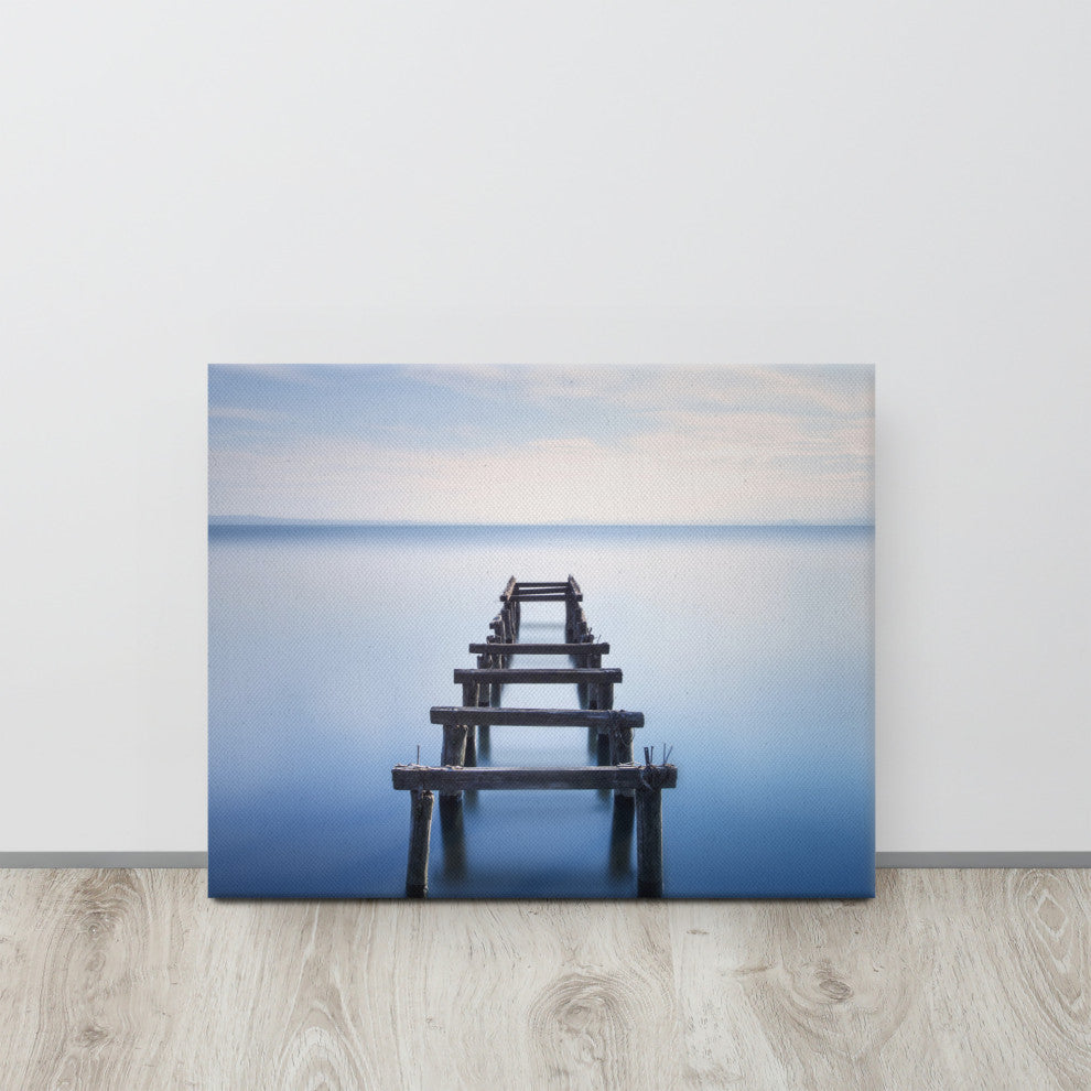 Soft Blue Lake and Abandoned Pier Coastal Landscape Photo Canvas Wall Art Print, 16" X 20"