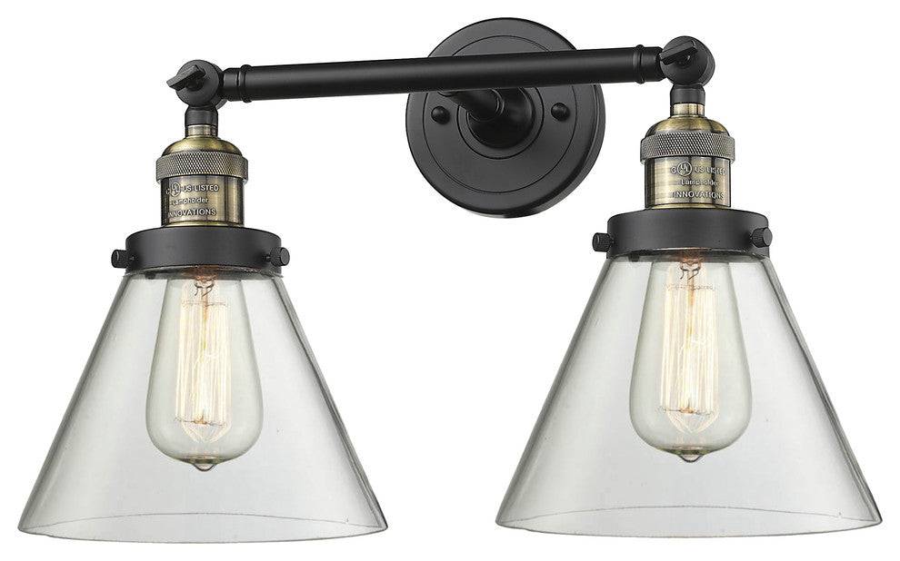 2-Light Large Cone 18" Bath Fixture, Black Antique Brass, Glass: Clear
